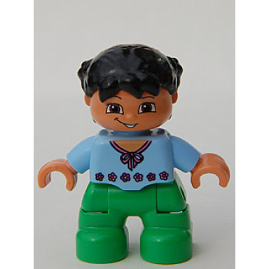 duplo figure lego ville child girl bright green legs light blue top with red flowers black hair 4644712 6233812