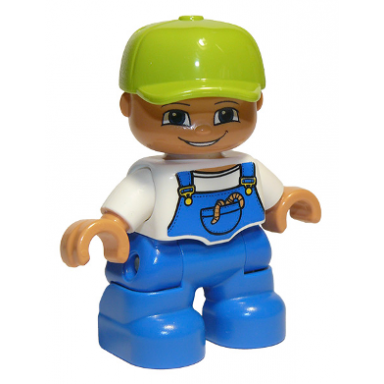 duplo figure lego ville child boy blue legs white top with blue overalls worms in pocket lime cap 4251086 6233829