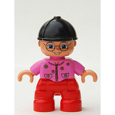 duplo figure lego ville child girl red legs dark pink top with flowers black riding helmet glasses
