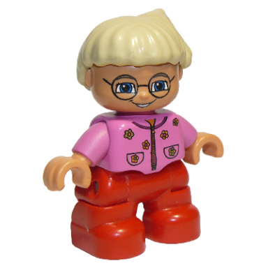 duplo figure lego ville child girl red legs dark pink top with flowers light blond hair with ponytail glasses