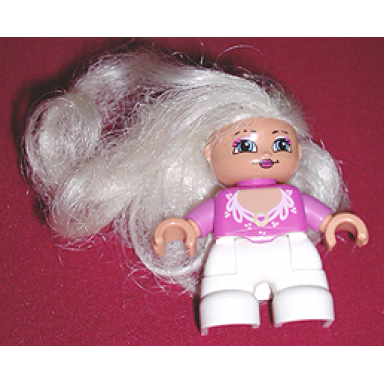 duplo figure lego ville child girl white legs dark pink top with white lace neckline blond hair princess