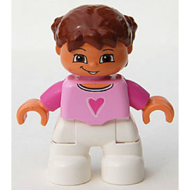 duplo figure lego ville child girl white legs bright pink top dark pink arms reddish brown hair with braids