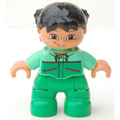 duplo figure lego ville child girl bright green legs medium green top with red trim black hair