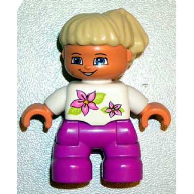 duplo figure lego ville child girl magenta legs white top with two flowers white arms tan hair 4521596 6012989 6228505