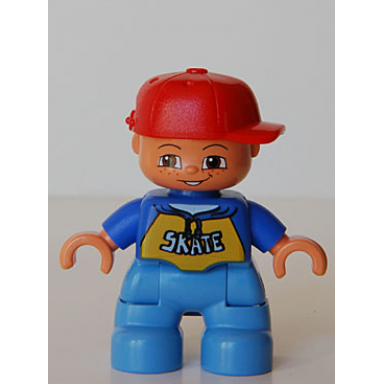 duplo figure lego ville child boy medium blue legs blue top with skate pattern red cap freckles