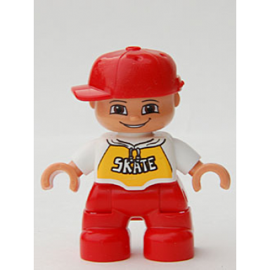 duplo figure lego ville child boy red legs white top with skate pattern red cap
