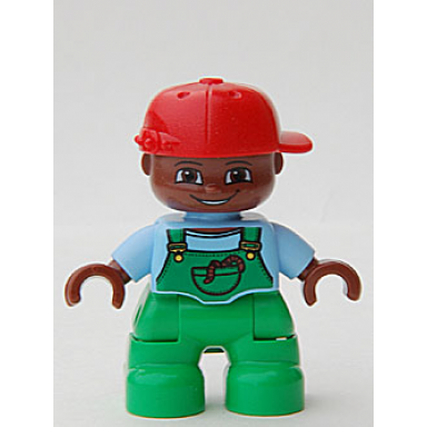 duplo figure lego ville child boy bright green legs bright light blue top with bright green overalls with worms in pocket brown head red cap