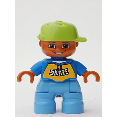 duplo figure lego ville child boy medium blue legs blue top with skate text pattern lime cap