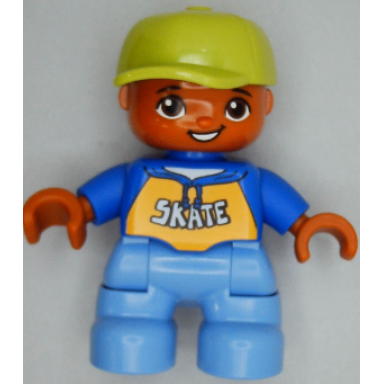 duplo figure lego ville child boy medium blue legs blue top with skate text pattern lime cap oval eyes