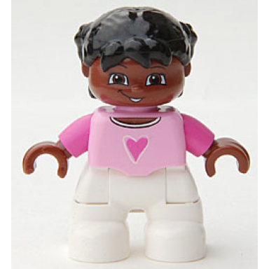 duplo figure lego ville child girl white legs bright pink top dark pink arms brown head black hair with braids
