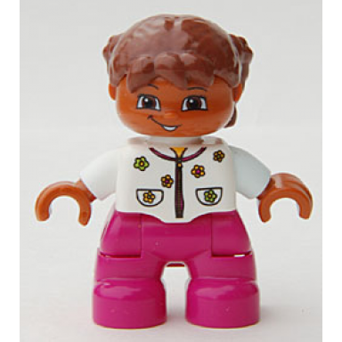 duplo figure lego ville child girl magenta legs white top with flowers reddish brown hair with braids