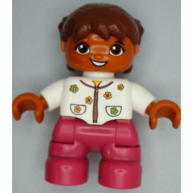 duplo figure lego ville child girl magenta legs white top with flowers reddish brown hair with braids oval eyes