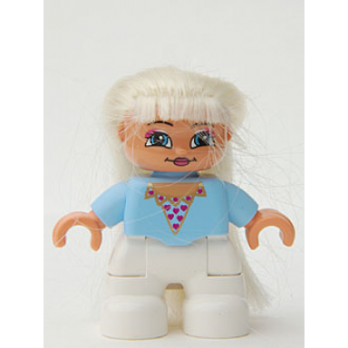 duplo figure lego ville child girl white legs bright light blue top with heart pattern blond hair princess