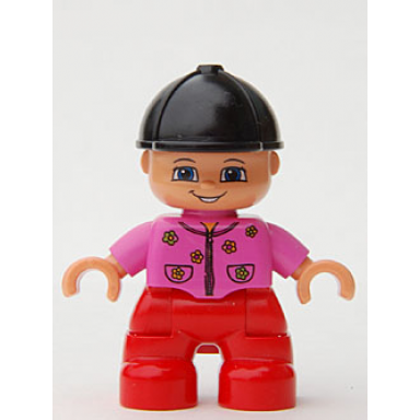 duplo figure lego ville child girl red legs dark pink top with flowers black riding helmet