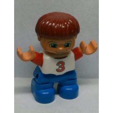 duplo figure lego ville child boy blue legs white top with red number 3 pattern dark red hair