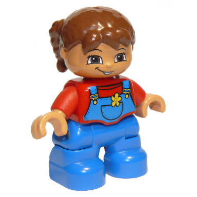 duplo figure lego ville child girl blue legs overalls with yellow flower in pocket red top reddish brown hair brown eyes