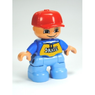 duplo figure lego ville child boy medium blue legs blue top with skate pattern red cap