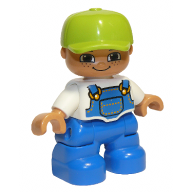 duplo figure lego ville child boy blue legs white top with blue overalls lime cap freckles