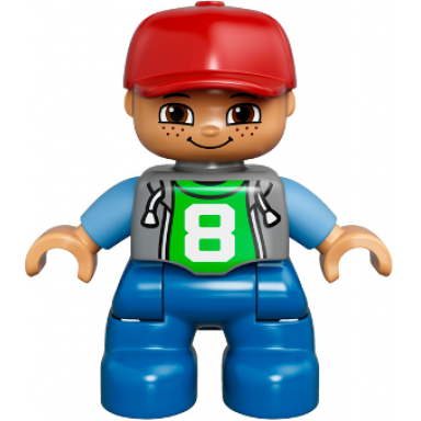 duplo figure lego ville child boy blue legs light bluish gray top with number 8 medium blue arms red cap freckles