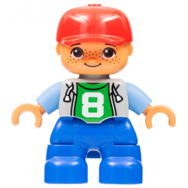 duplo figure lego ville child boy blue legs light bluish gray top with number 8 medium blue arms red cap freckles oval eyes 6179295 6233836