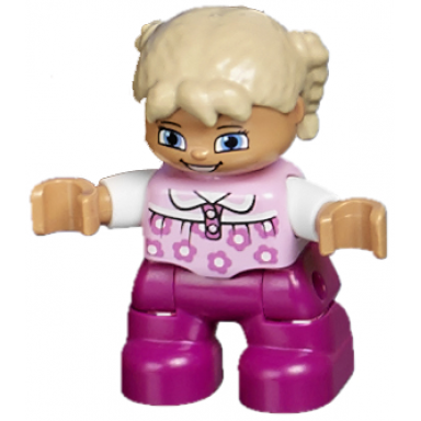 duplo figure lego ville child girl magenta legs bright pink top with flowers white arms tan hair with braids