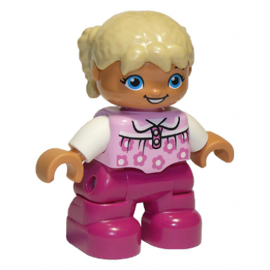 duplo figure lego ville child girl magenta legs bright pink top with flowers white arms tan hair with braids oval eyes