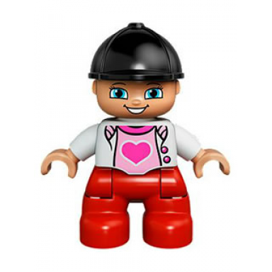 duplo figure lego ville child girl red legs white top with heart black riding helmet