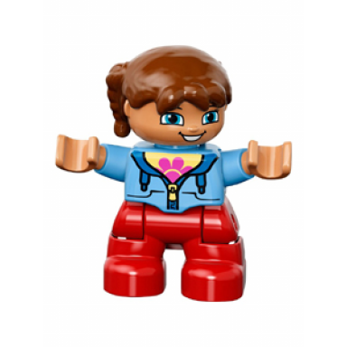 duplo figure lego ville child girl red legs medium blue jacket over shirt with flower reddish brown pigtails
