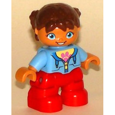 duplo figure lego ville child girl red legs medium blue jacket over shirt with flower reddish brown pigtails oval eyes