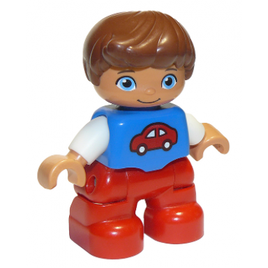 duplo figure lego ville child boy red legs blue top with red car pattern reddish brown hair