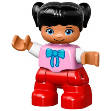 duplo figure lego ville child girl red legs bright pink top with bow tie black hair with pigtails