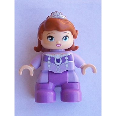 duplo figure lego ville child girl medium lavender legs lavender top dark orange hair with tiara princess sofia