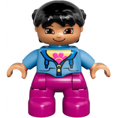 duplo figure lego ville child girl magenta legs medium blue jacket over shirt with flower black pigtails
