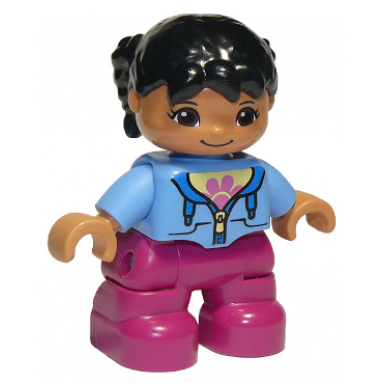 duplo figure lego ville child girl magenta legs medium blue jacket over shirt with flower black pigtails oval eyes