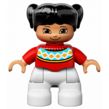 duplo figure lego ville child girl white legs red fair isle sweater with orange diamonds brown eyes with cheeks outline black pigtails