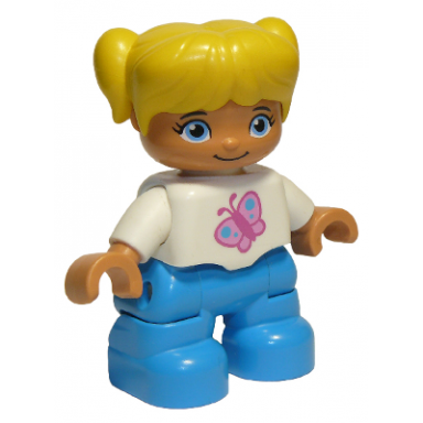 duplo figure lego ville child girl dark azure legs white top with pink butterfly yellow hair with pigtails