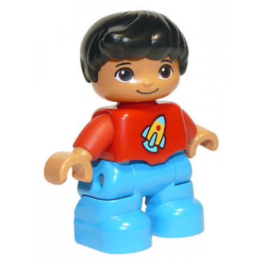 duplo figure lego ville child boy dark azure legs red top with space rocket ship black hair