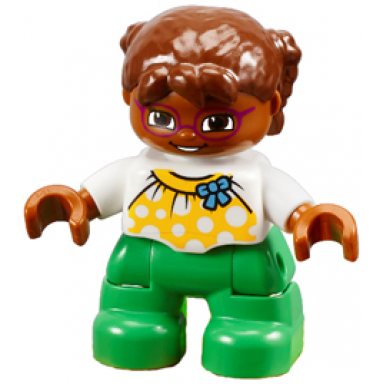 duplo figure lego ville child girl bright green legs white top with yellow pattern and blue bow brown hair brown head magenta glasses