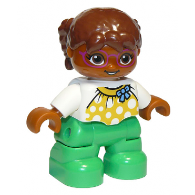 duplo figure lego ville child girl bright green legs white top with yellow pattern and blue bow brown hair brown head magenta glasses oval eyes