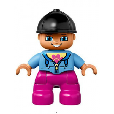 duplo figure lego ville child girl dark pink legs medium blue jacket with flower top black riding helmet