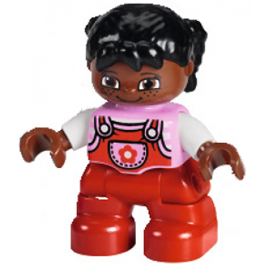 duplo figure lego ville child girl red legs bright pink top with flower on pocket white arms black hair pigtails with uneven bangs