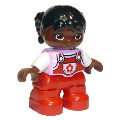 duplo figure lego ville child girl red legs bright pink top with flower on pocket white arms black hair pigtails with uneven bangs oval eyes