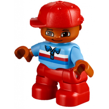 duplo figure lego ville child boy red legs medium blue top with zipper and blue red and white stripes red cap