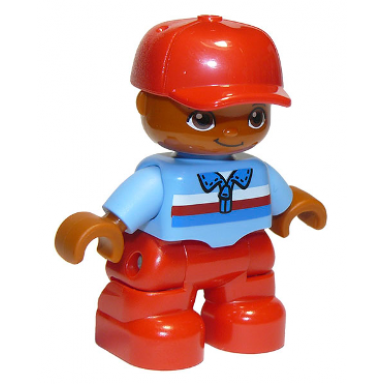 duplo figure lego ville child boy red legs medium blue top with zipper and blue red and white stripes red cap oval eyes
