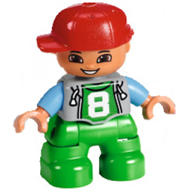 duplo figure lego ville child boy bright green legs light bluish gray top with 8 pattern medium blue arms red cap
