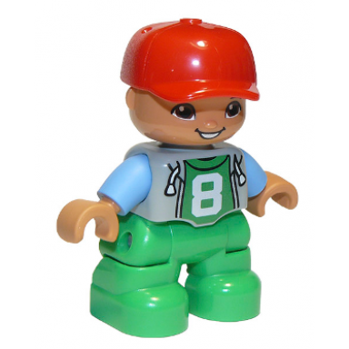 duplo figure lego ville child boy bright green legs light bluish gray top with 8 pattern medium blue arms red cap oval eyes
