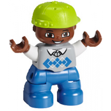 duplo figure lego ville child boy blue legs light bluish gray sweater white arms lime cap