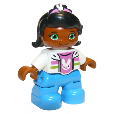 duplo figure lego ville child girl dark azure legs white top with dark pink undershirt with bunny rabbit head black hair with dark pink band green eyes 6174731 6228497