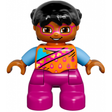 duplo figure lego ville child girl magenta legs and glasses orange top black hair