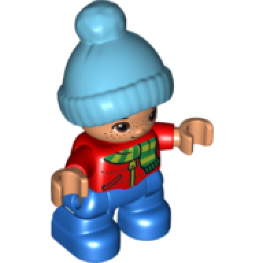 duplo figure lego ville child boy blue legs red top with scarf and zipper pattern freckles brown eyes medium azure bobble cap
